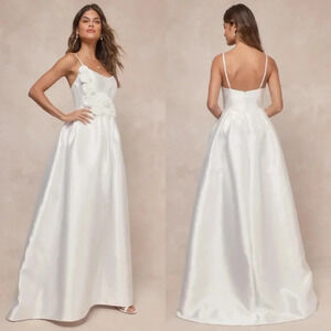 Lulu's Dreamy Forever White Taffeta Rosette Maxi Dress with Pockets S Wedding
